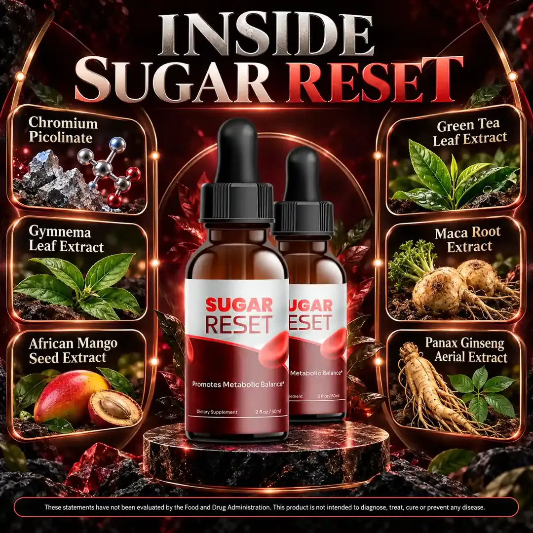 Sugar Reset sales-page panel naming six of the twenty-two blend ingredients