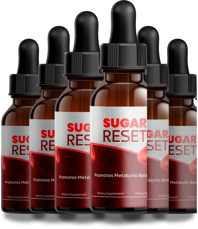Six Sugar Reset dropper bottles arranged in a row